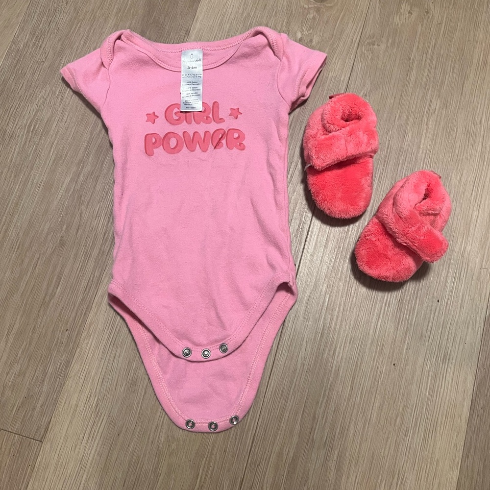 Pink "Girl Power" One-Piece Bodysuit for 3 months with slippers